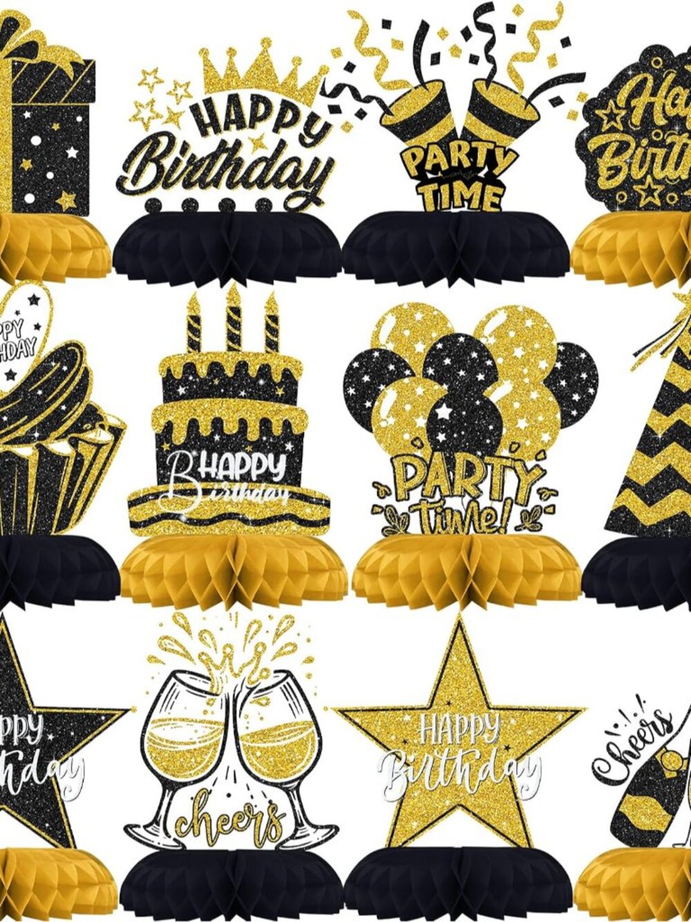 Black and Gold Birthday Decorations – 12Pcs Honeycomb Table Centerpieces, Elegan